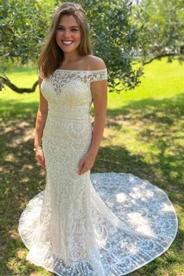 Vestido de novia sirena de encaje con hombros descubiertos